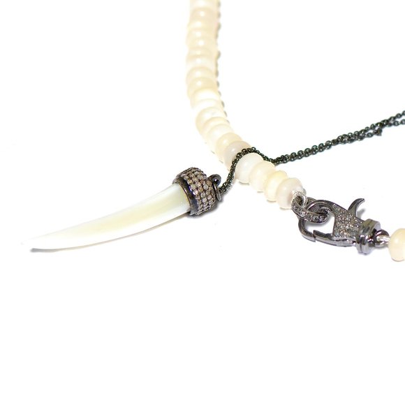 925 Pave Diamond Mother Of Pearl Horn and Beaded Necklace Set - Picture 6 of 6